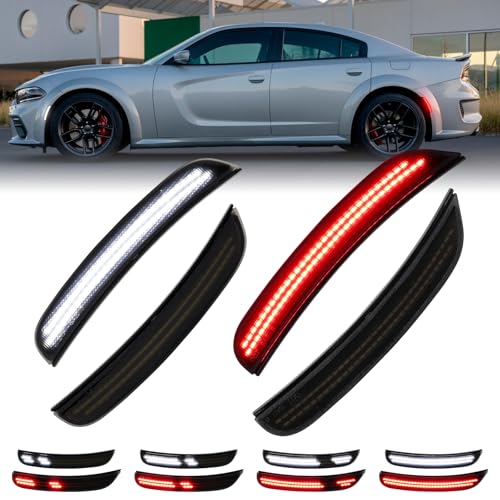 FetonAuto Dynamic Red White LED Side Marker Lights for Dodge Charger 2015 2016 2017 2018 2019 2020 2021 2022 2023 2024, Smoked Lens Front Rear Charger Bumper Reflector Lamp, 4PCS - Image 1