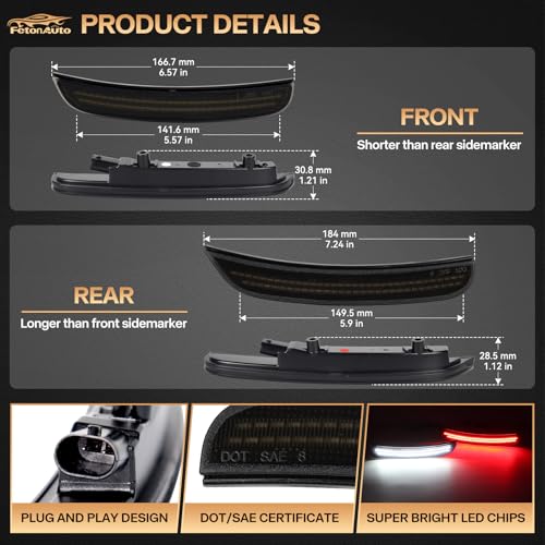 FetonAuto Dynamic Red White LED Side Marker Lights for Dodge Charger 2015 2016 2017 2018 2019 2020 2021 2022 2023 2024, Smoked Lens Front Rear Charger Bumper Reflector Lamp, 4PCS - Image 3