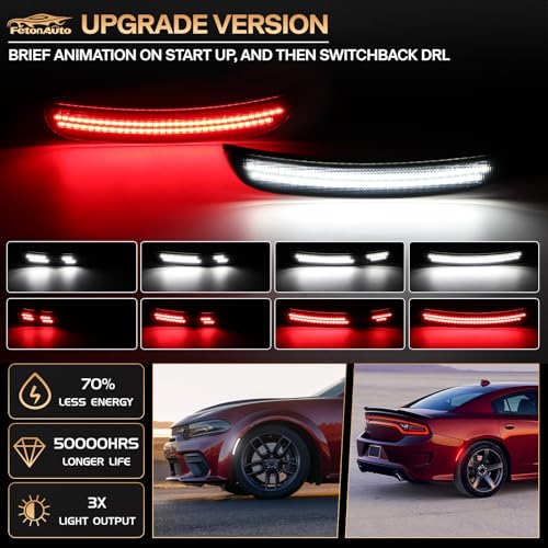 FetonAuto Dynamic Red White LED Side Marker Lights for Dodge Charger 2015 2016 2017 2018 2019 2020 2021 2022 2023 2024, Smoked Lens Front Rear Charger Bumper Reflector Lamp, 4PCS - Image 2