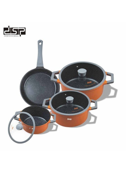 dsp CA013-S01-Orange Cookware Set with 1 Year Warranty 4.5L Casserole (24x12cm) 6.7L Casserole (28x13cm) 4.1L Frying Pan (28x8cm) 3.1L Cooking Tray (28x28x5.5cm) The set is designed with high quality and comes with a lid that fits each piece to ensure even cooking and heat retention