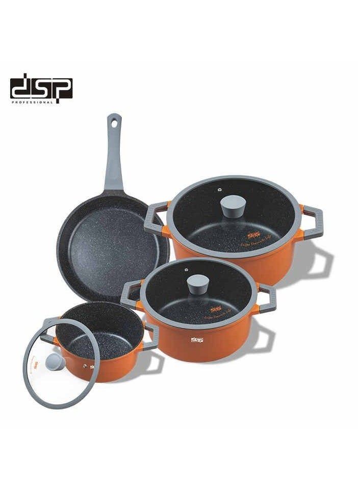 dsp CA013-S01-Orange Cookware Set with 1 Year Warranty 4.5L Casserole (24x12cm) 6.7L Casserole (28x13cm) 4.1L Frying Pan (28x8cm) 3.1L Cooking Tray (28x28x5.5cm) The set is designed with high quality and comes with a lid that fits each piece to ensure even cooking and heat retention