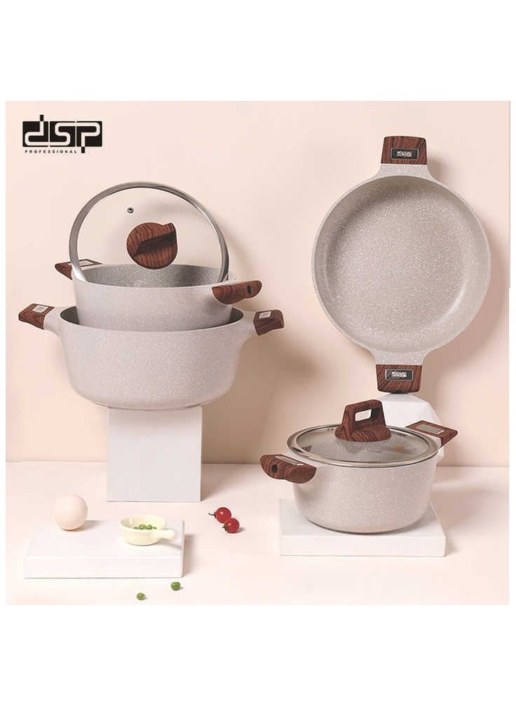 dsp CA013-S01-Orange Cookware Set with 1 Year Warranty 4.5L Casserole (24x12cm) 6.7L Casserole (28x13cm) 4.1L Frying Pan (28x8cm) 3.1L Cooking Tray (28x28x5.5cm) The set is designed with high quality and comes with a lid that fits each piece to ensure even cooking and heat retention