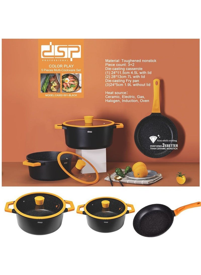 dsp CA013-S01-Orange Cookware Set with 1 Year Warranty 4.5L Casserole (24x12cm) 6.7L Casserole (28x13cm) 4.1L Frying Pan (28x8cm) 3.1L Cooking Tray (28x28x5.5cm) The set is designed with high quality and comes with a lid that fits each piece to ensure even cooking and heat retention