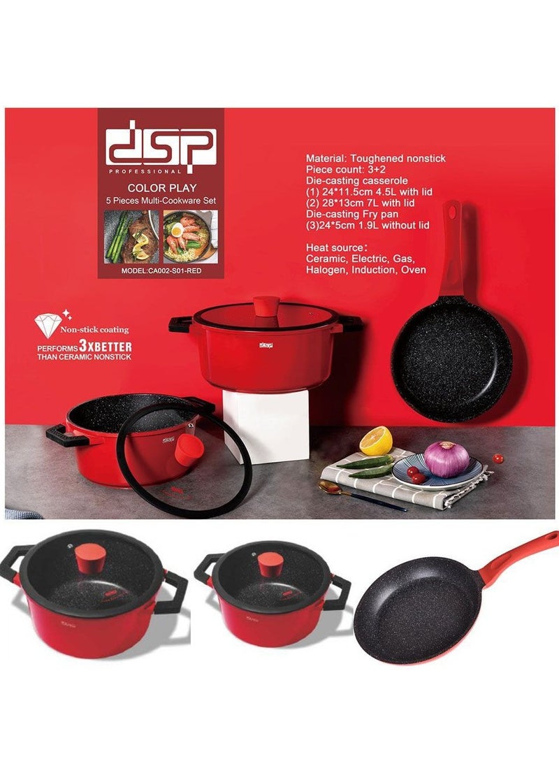 dsp CA013-S01-Orange Cookware Set with 1 Year Warranty 4.5L Casserole (24x12cm) 6.7L Casserole (28x13cm) 4.1L Frying Pan (28x8cm) 3.1L Cooking Tray (28x28x5.5cm) The set is designed with high quality and comes with a lid that fits each piece to ensure even cooking and heat retention