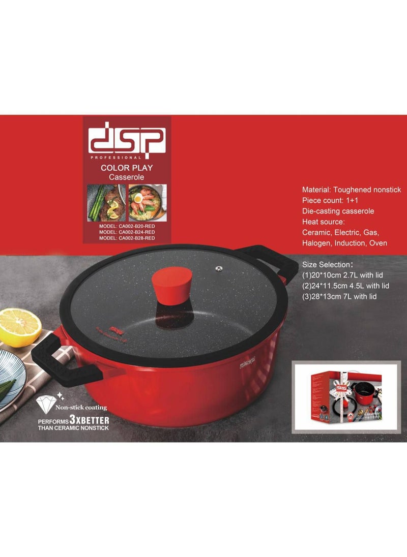 dsp CA013-S01-Orange Cookware Set with 1 Year Warranty 4.5L Casserole (24x12cm) 6.7L Casserole (28x13cm) 4.1L Frying Pan (28x8cm) 3.1L Cooking Tray (28x28x5.5cm) The set is designed with high quality and comes with a lid that fits each piece to ensure even cooking and heat retention