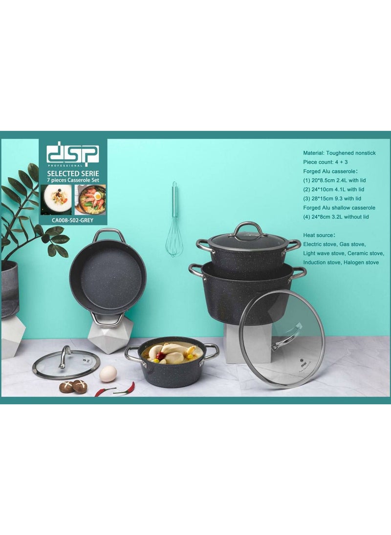 dsp CA013-S01-Orange Cookware Set with 1 Year Warranty 4.5L Casserole (24x12cm) 6.7L Casserole (28x13cm) 4.1L Frying Pan (28x8cm) 3.1L Cooking Tray (28x28x5.5cm) The set is designed with high quality and comes with a lid that fits each piece to ensure even cooking and heat retention