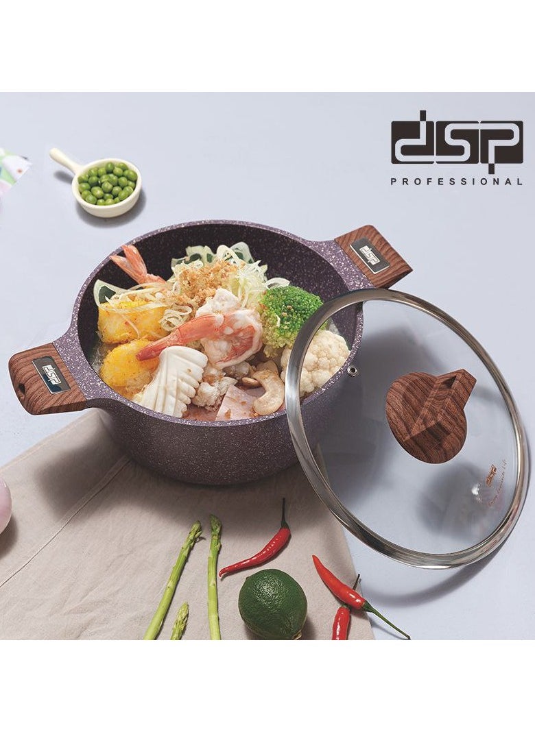 dsp CA013-S01-Orange Cookware Set with 1 Year Warranty 4.5L Casserole (24x12cm) 6.7L Casserole (28x13cm) 4.1L Frying Pan (28x8cm) 3.1L Cooking Tray (28x28x5.5cm) The set is designed with high quality and comes with a lid that fits each piece to ensure even cooking and heat retention