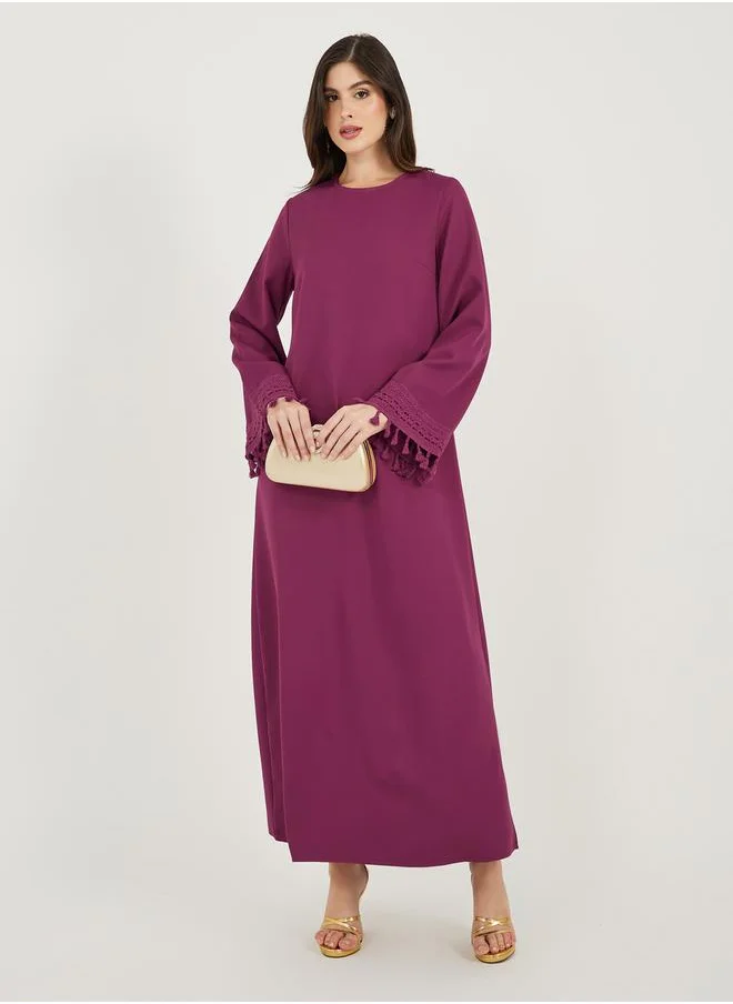 Styli Solid Tasselled Long Sleeve Shift Maxi Dress