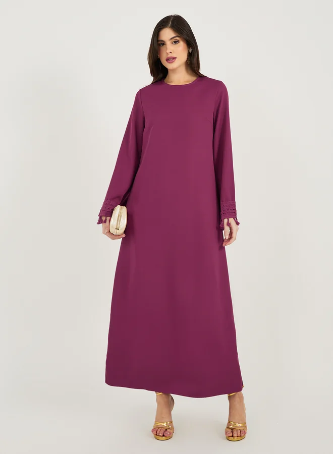 Styli Solid Tasselled Long Sleeve Shift Maxi Dress