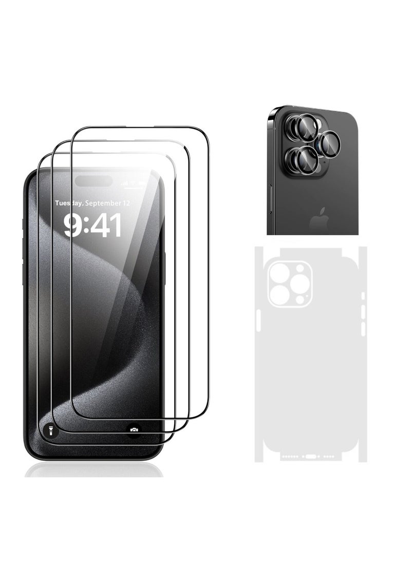 DIGI CORE iPhone 15 Pro Screen Protector 3 Pack 6.1 Inch 2.5D Curved Edges With iPhone 15 Pro Camera Lens Protector And Anti-Scratch iPhone Back PVC Clear Sheet Set (Black Titanium, iPhone 15 Pro) - Image 1