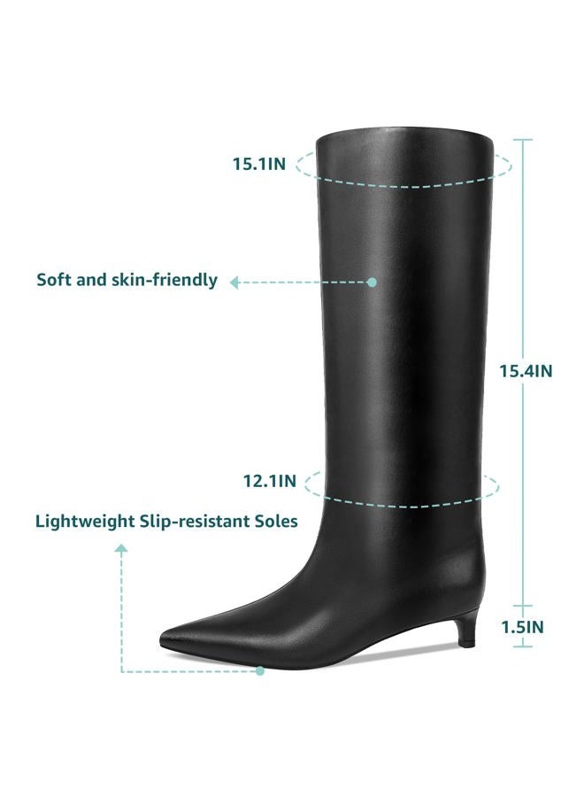 COMJUY Crocodile Knee High Kitten Heel Stiletto Pull on Boots for Women, 1.5-in Low Heel Womens Pointed Toe Tall Boots Below Knee Boots Faux Leather, Black Size 8.5 - Image 4