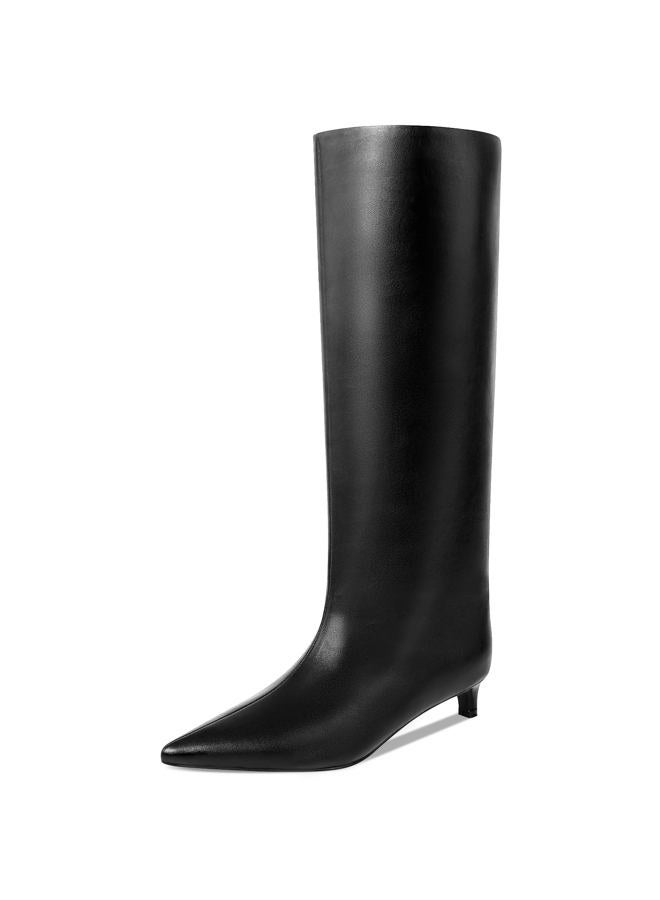 COMJUY Crocodile Knee High Kitten Heel Stiletto Pull on Boots for Women, 1.5-in Low Heel Womens Pointed Toe Tall Boots Below Knee Boots Faux Leather, Black Size 8.5 - Image 1