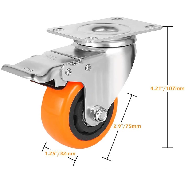 BIRMON 3 Inch Universally Compatible Heavy Duty Caster Wheels Carbon Steel and Soft Rubber Swivel Caster with Break 360 Degree for 00 kg Capacity Orange Color 4 Pcs Set - Image 2