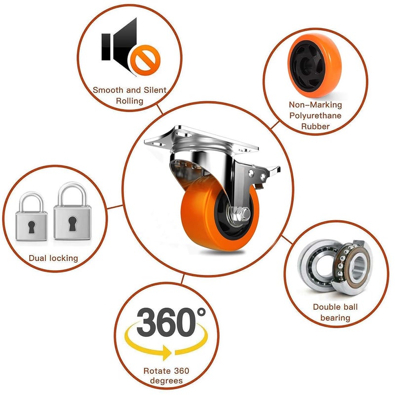 BIRMON 3 Inch Universally Compatible Heavy Duty Caster Wheels Carbon Steel and Soft Rubber Swivel Caster with Break 360 Degree for 00 kg Capacity Orange Color 4 Pcs Set - Image 3