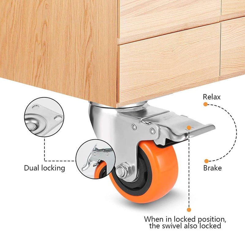 BIRMON 3 Inch Universally Compatible Heavy Duty Caster Wheels Carbon Steel and Soft Rubber Swivel Caster with Break 360 Degree for 00 kg Capacity Orange Color 4 Pcs Set - Image 5