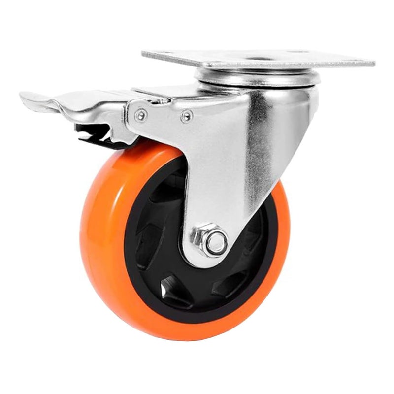 BIRMON 3 Inch Universally Compatible Heavy Duty Caster Wheels Carbon Steel and Soft Rubber Swivel Caster with Break 360 Degree for 00 kg Capacity Orange Color 4 Pcs Set - Image 1