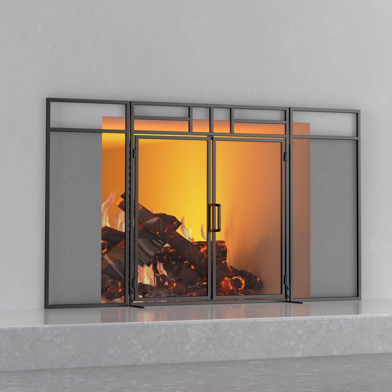 Fire Beauty Fire Beauty 3Panel Folding Fireplace Screen with Magnetic Hinged Doors Solid Wrought Iron Panels Fire Spark Guard 