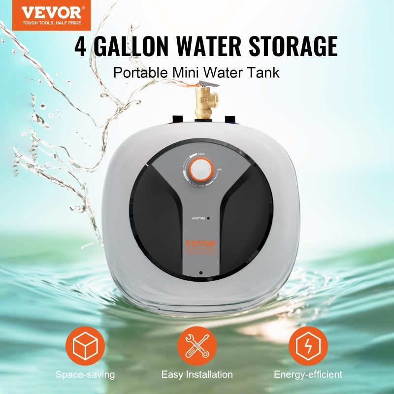 VEVOR Electric Mini-Tank Water Heater 4-Gallon Tank, 1440W Hot Water Boiler Storage, Safety Temperature Pressure Valve Easy Install, for Kichen Bathroom Restaurant, Shelf Wall Mounted - Image 2