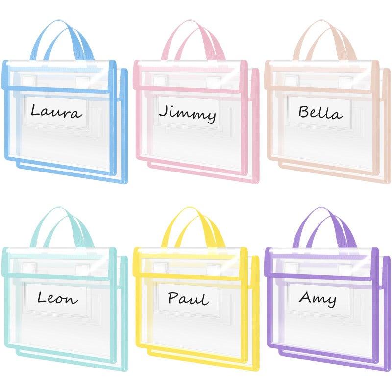 Teling 12 Pack 14 x 11 Inch Clear Book Pouches with Handles and Name Tags Heavy Duty Reusable Library Book Bags for Classroom Students Kids and Teacher Supplies Pastel Color - Image 2