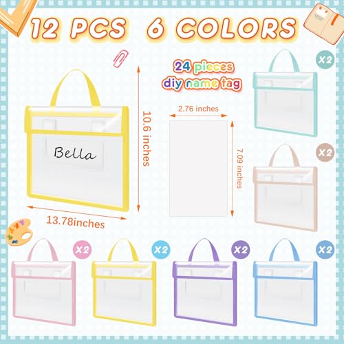 Teling 12 Pack 14 x 11 Inch Clear Book Pouches with Handles and Name Tags Heavy Duty Reusable Library Book Bags for Classroom Students Kids and Teacher Supplies Pastel Color - Image 3