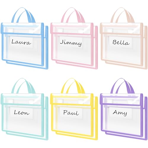 Teling 12 Pack 14 x 11 Inch Clear Book Pouches with Handles and Name Tags Heavy Duty Reusable Library Book Bags for Classroom Students Kids and Teacher Supplies Pastel Color - Image 1