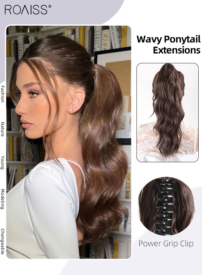 رويس وصلة ذيل حصان صناعية مموجة بطول 18 بوصة للاستخدام اليومي في الحفلات، شعر طويل مجعد ومموج، وصلة ذيل حصان، مشبك مخلب وفك، شعر مستعار طبيعي مع رباط للنساء - Image 1