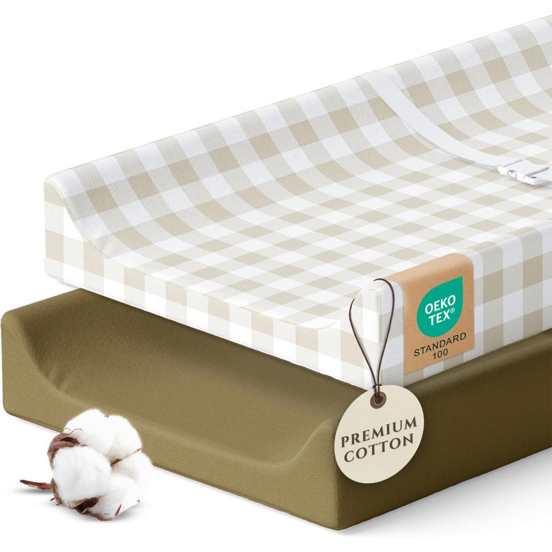 Pobibaby 2 Pack Changing Pad Covers for Boys Premium Cotton Blend Baby Diaper Changing Table Cover Soft Breathable Boy Nursery Pad Sheets for Standard Pads 16x32 Newborn Bedding Gingham Khaki - Image 2