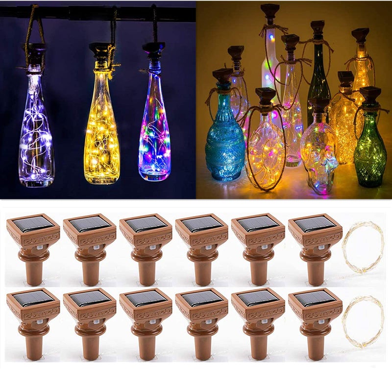 YJFWAL Upgraded 12 Pack Solar Wine Bottle Lights, 20 LEDs Waterproof Copper Light, Bottle Light Fairy Cork String Lights for Yard Patio Decor, DIY Birthday Gift for Mom Grandma Girlfriend(3 Colors) - Image 1
