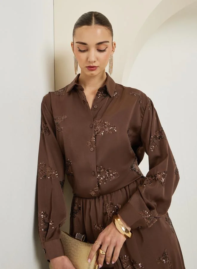 Women Sequined Embroidered Evening Satin Shirt