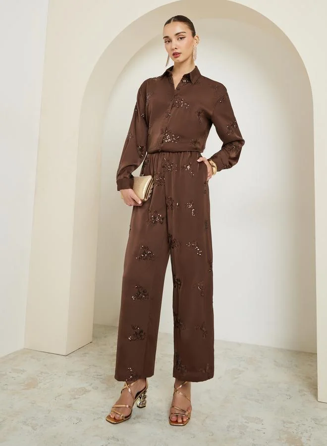 Styli Women Sequined Embroidered Evening Satin Shirt