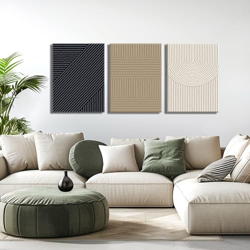 yulihaz Boho Modern Wall Art Set of 3 Abstract Line Wall Decor Minimalist Neutral Canvas Pictures Beige Brown Black Poster Mid Century Painting Print Artwork for Bedroom Living Room Framed 12x16 in - Image 3