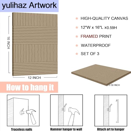 yulihaz Boho Modern Wall Art Set of 3 Abstract Line Wall Decor Minimalist Neutral Canvas Pictures Beige Brown Black Poster Mid Century Painting Print Artwork for Bedroom Living Room Framed 12x16 in - Image 2