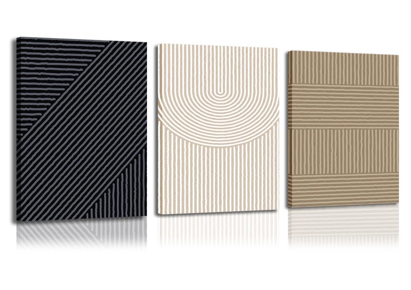 yulihaz Boho Modern Wall Art Set of 3 Abstract Line Wall Decor Minimalist Neutral Canvas Pictures Beige Brown Black Poster Mid Century Painting Print Artwork for Bedroom Living Room Framed 12x16 in - Image 1