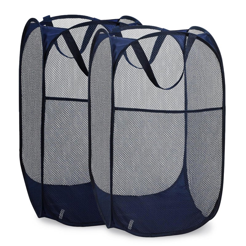 Handy Laundry Collapsible Mesh Pop Up Hamper with Wide Opening and Side Pocket Breathable Sturdy Foldable and SpaceSaving Design for Clothes and Storage Blue 2Pack