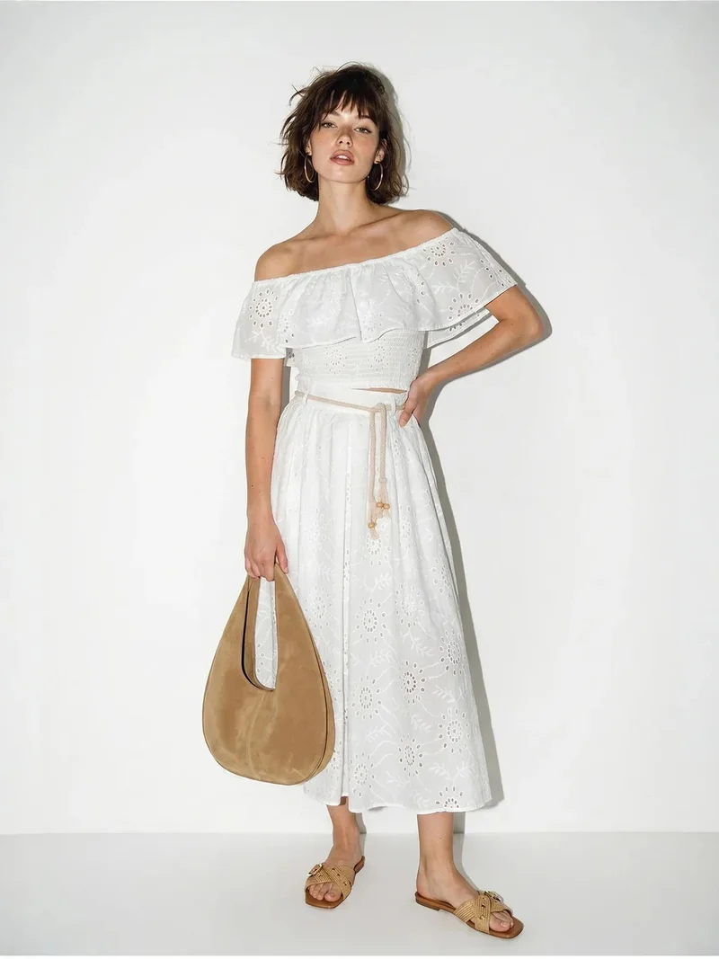 Bianco Lucci LUCCI Embroidered Off-shoulder Blouse And Midi Skirt Set
