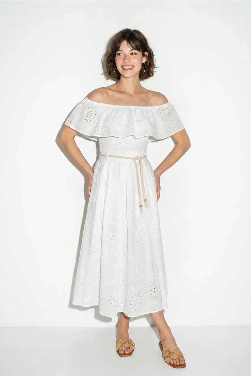 بيانكو لوتشي LUCCI Embroidered Off-shoulder Blouse And Midi Skirt Set