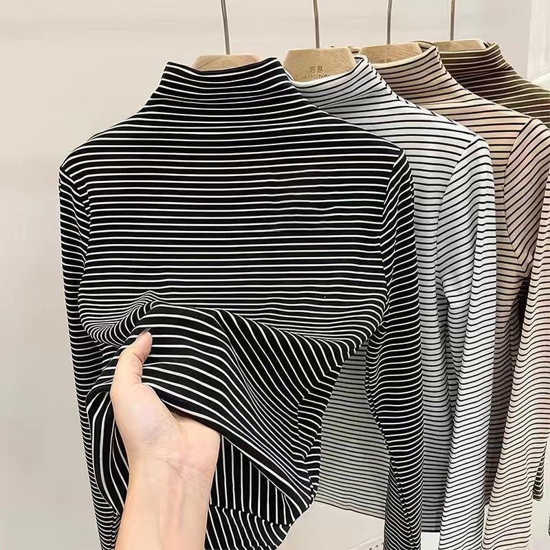 Boys And Girls Velvet Versatile Striped T-Shirt Base Shirt Half High Neck Warm Simple Versatile Children'S T-Shirt - Image 1