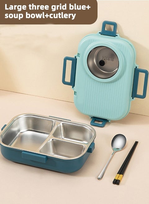 304 Stainless Steel Lunch Box Bento Box with Soup Bowl and 3 Compartments Blue