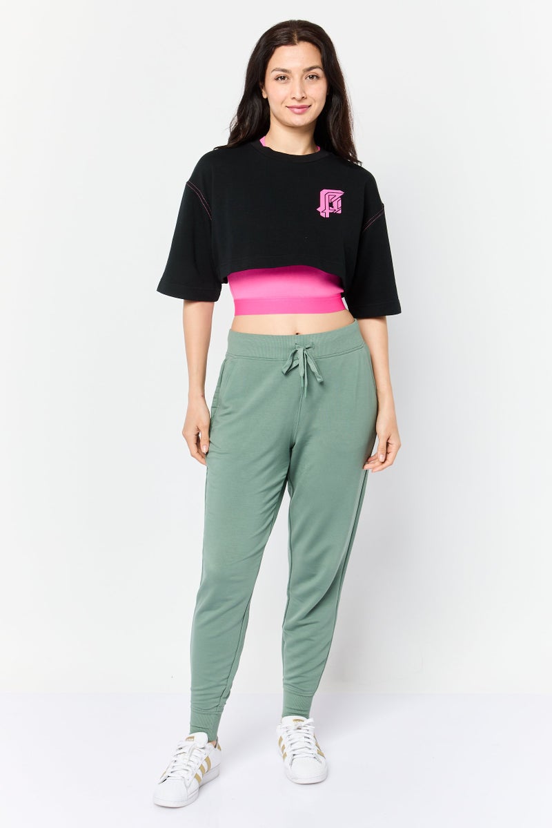 ESPRIT طقم بلوزة قصيرة برسومات جرافيك للنساء 2 في 1، أسود/وردي - Image 4