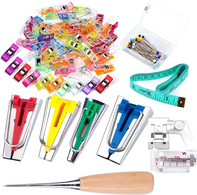 LUNARM Bias Tape Maker Kit, Bias Tape Tool with Instruction, 4 Sizes Bias Maker with 60 Pcs Sewing Clips, 50 Pcs Ball Point Pins, Awl, Sewing Machine Presser Foot for Fabric Sewing and Quilting - Image 1