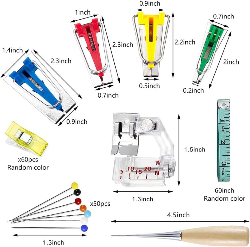 LUNARM Bias Tape Maker Kit, Bias Tape Tool with Instruction, 4 Sizes Bias Maker with 60 Pcs Sewing Clips, 50 Pcs Ball Point Pins, Awl, Sewing Machine Presser Foot for Fabric Sewing and Quilting - Image 2
