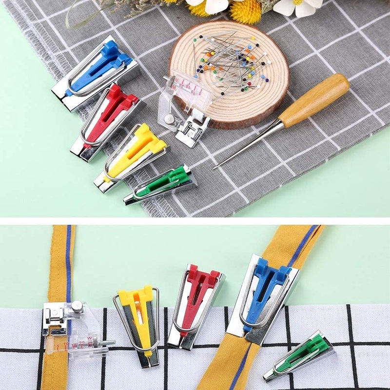 LUNARM Bias Tape Maker Kit, Bias Tape Tool with Instruction, 4 Sizes Bias Maker with 60 Pcs Sewing Clips, 50 Pcs Ball Point Pins, Awl, Sewing Machine Presser Foot for Fabric Sewing and Quilting - Image 3