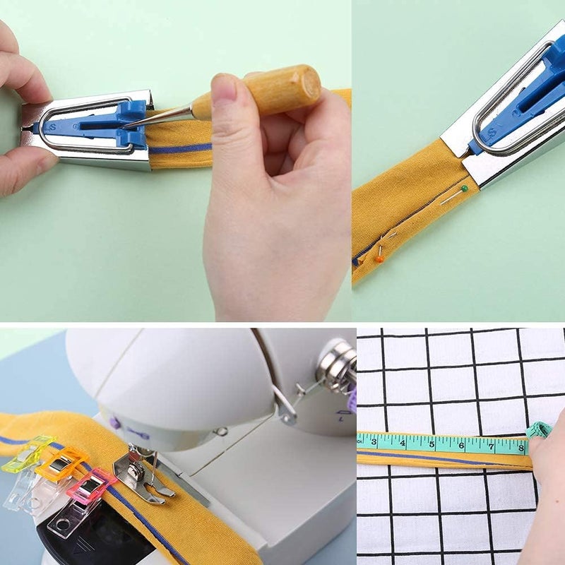 LUNARM Bias Tape Maker Kit, Bias Tape Tool with Instruction, 4 Sizes Bias Maker with 60 Pcs Sewing Clips, 50 Pcs Ball Point Pins, Awl, Sewing Machine Presser Foot for Fabric Sewing and Quilting - Image 4