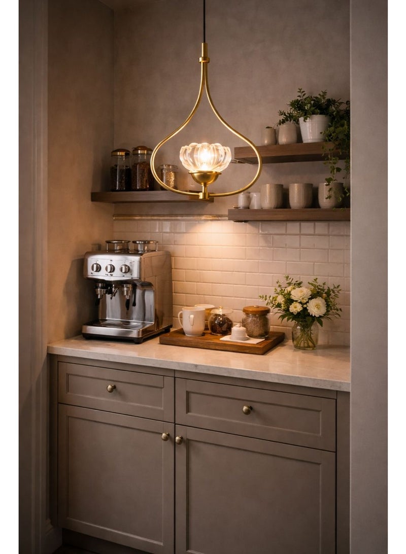 Luxury LED Pendant Light with Three Illuminations in Curved Golden Design, Measuring 32 cm Height and 30 cm Width for Dining Spaces - Image 1