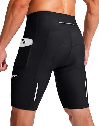 Bikewa شورتات دراجة للرجال مع وسادة 3D للدراجات الهوائية الداخلية لركوب الدراجات على الطرق وركوب الجبال - شورتات UPF 50+ مع جيوب بسحاب - أسود - صغير - Image 1
