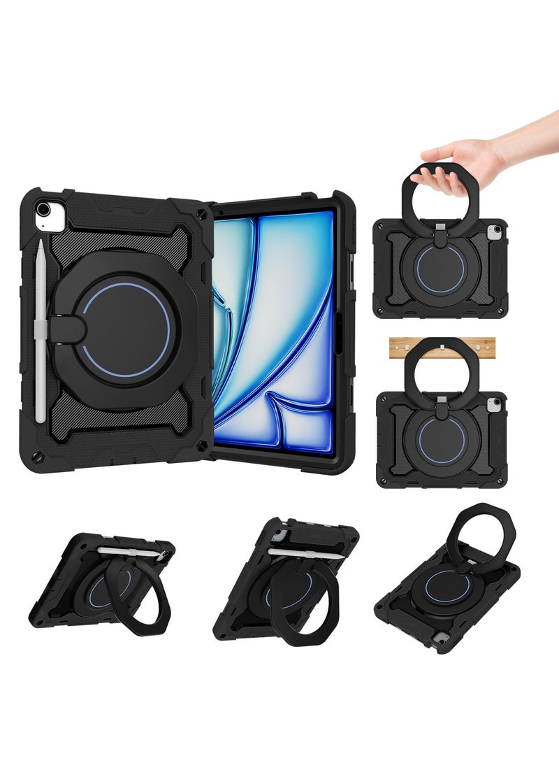 URBBKING PC + Silicone 3-Layers Combo Armor Heavy Duty Shockproof Cover with 360° Rotating Ring Stand for Apple iPad Air 11‑inch M2(2024) / iPad Air 11-Inch M3 (2025), Black 