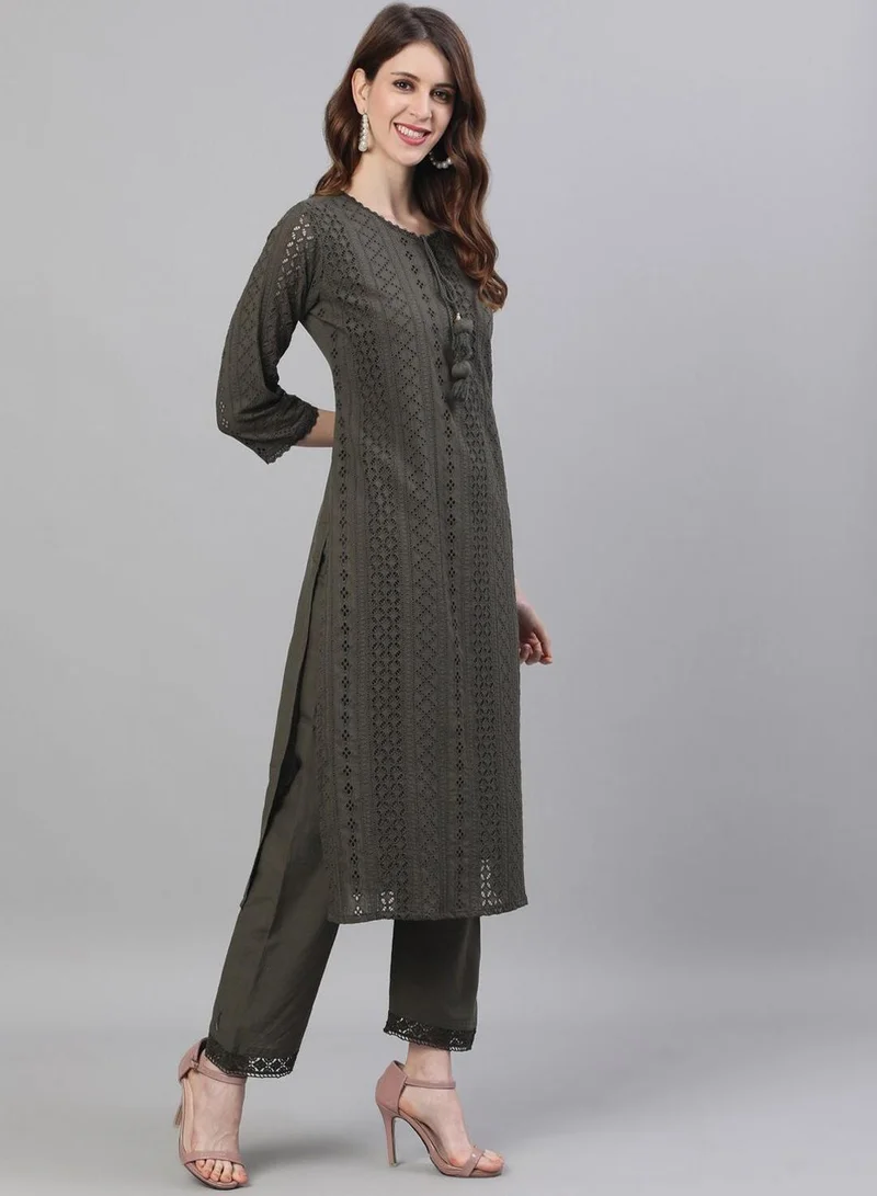 Ishin  Women Olive Green Self Design Kurta with Trousers Dupatta for Women | Best Price UAE