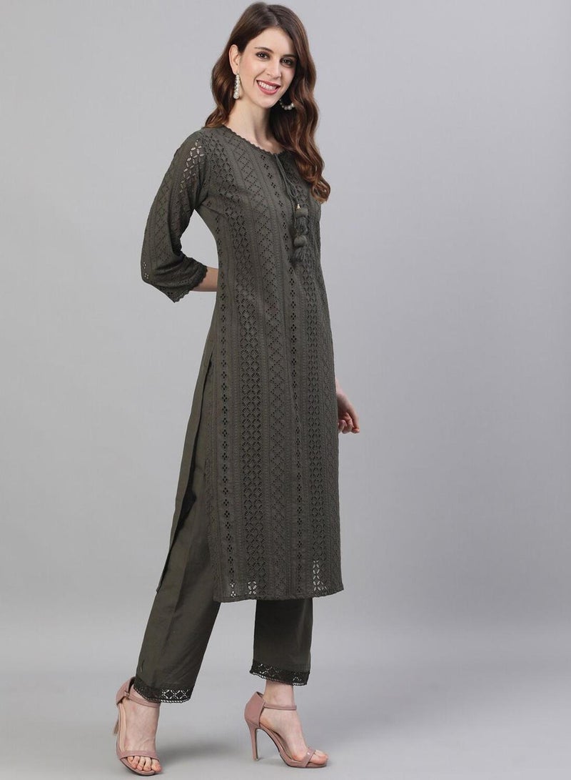 ISHIN Women Olive Green Self Design Kurta with Trousers Dupatta - Image 5