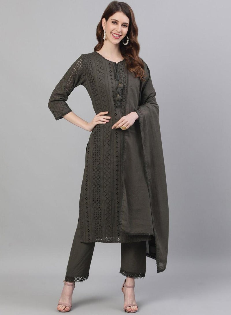 ISHIN Women Olive Green Self Design Kurta with Trousers Dupatta - Image 1