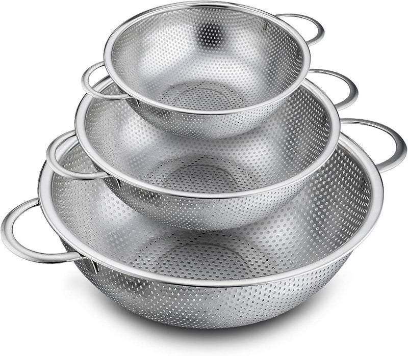 P&P CHEF Colander Set of 3, Stainless Steel Micro-Perforated Colanders Strainers for Draining Rinsing Washing, Ideal for Pasta Vegetables Fruits, Heavy Duty & Dishwasher Safe - 1/3/5 Quart - Image 1